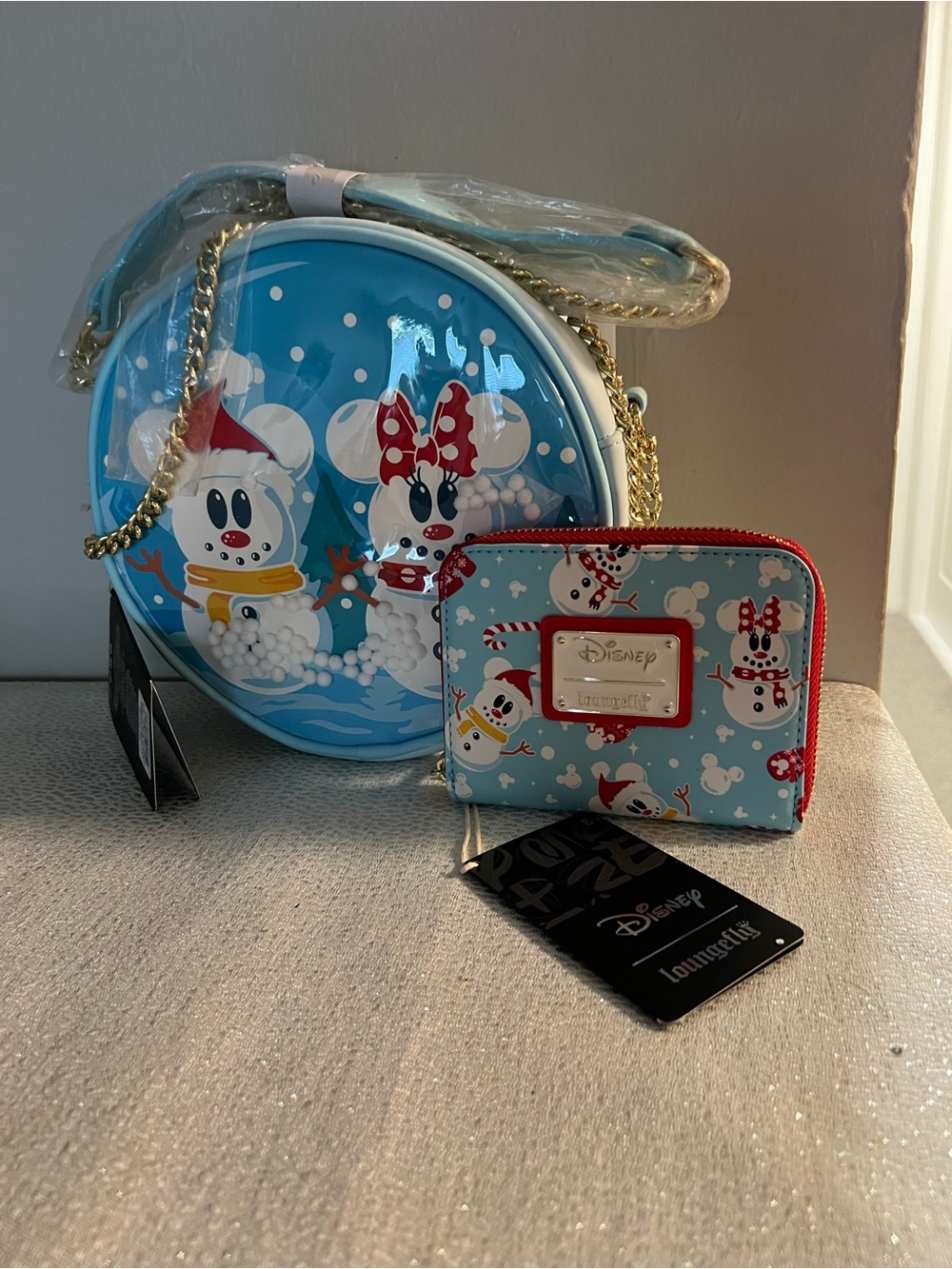 Loungefly Blue Minnie & Mickey Snowman Crossbody with Red-Trim Wallet